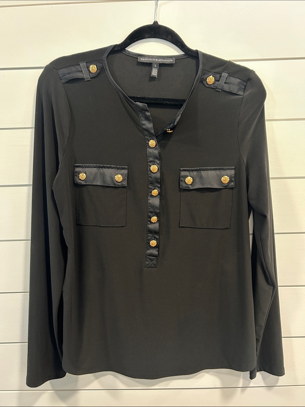White House Black Market Black Blouse with Satin Trim